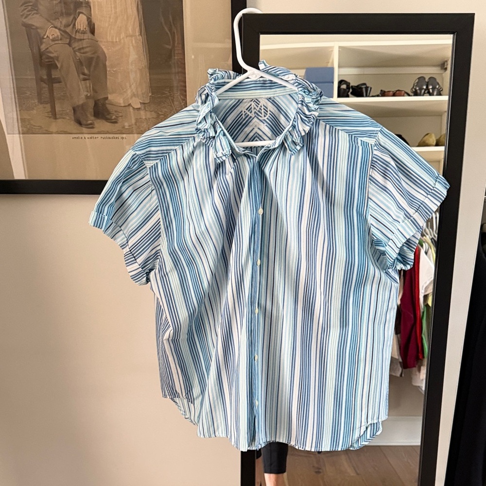 Blue Striped Women’s Shirt which was a design remake with fab collar ruffles.